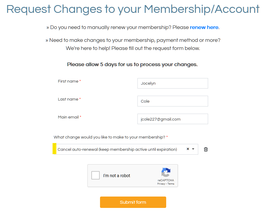 Selecting the Cancel Auto-renewal option